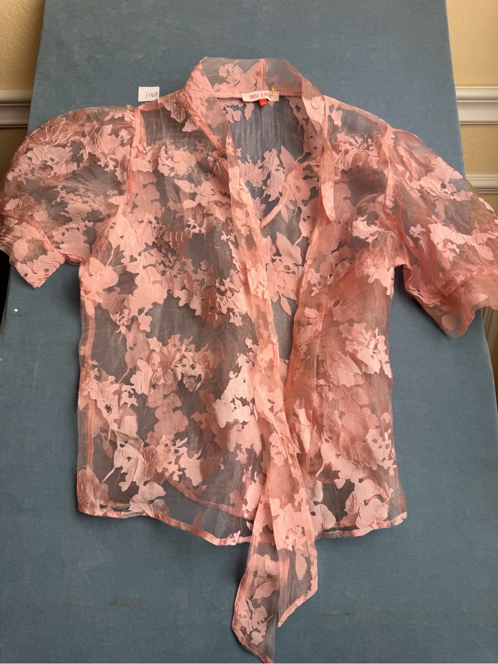 Mele E Pere Pink Sheer Floral Tie-Neck Blouse size L